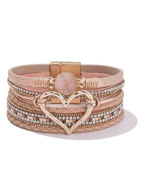 Chunky Heart Faux Leather Wrap Bracelet Boho Stackable Cuff